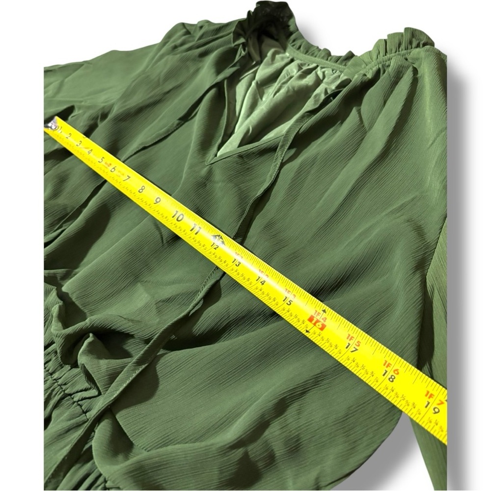 Amazon Army Green Ruffled Tiered V Neck Tie Loose Fit Long Sleeve Mini Sundress - Picture 12 of 16